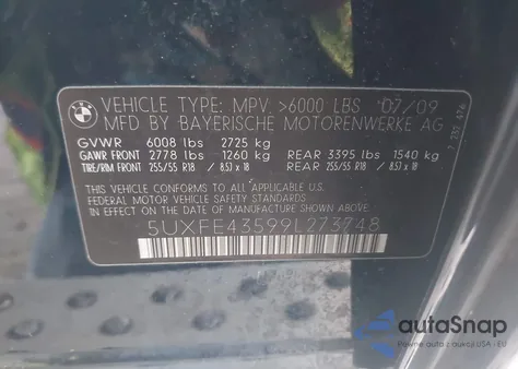 2009 BMW X5 xDrive30I z USA, uszkodzony, nr VIN 5UXFE43599L273748